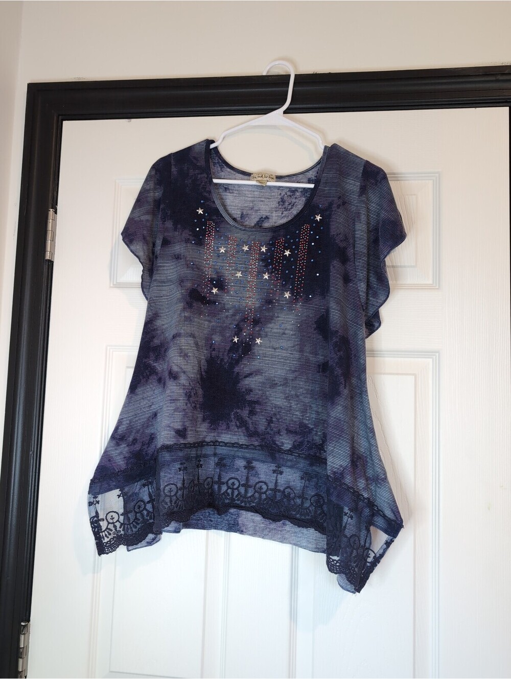 Large American USA rhinestone lace trim tee
